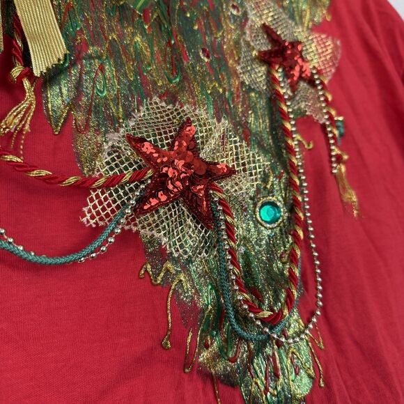 Vtg Puffy Paint Christmas Tree Shirt O/S L? 3D Bow Bead Sequin Funky Artsy 80s - Picture 7 of 14